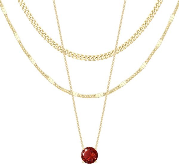 Layered Gold Necklaces for Women,  Gold Sterling Silver Plated Dainty Pendant Necklace Set with Cubic Zirconia Circle, Chunky Stackable Cuban Chain Choker, Trendy Personalized Birthstone Jewelry Gift Non Tarnish