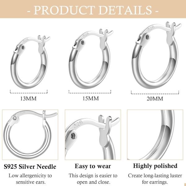 3 Pairs 925 Sterling Silver Hoop Earrings | Small White Gold Plated Hoop Earrings for Women (13mm,15mm,20mm??25mm,30mm,40mm,50mm,60mm)