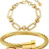 2PCS   Gold Plated Nail Bangle & Chain Bracelet Set for Women, Adjustable Stackable Bangle Jewelry, Dainty Gold Bracelet Gift for Women