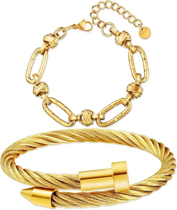 2PCS   Gold Plated Nail Bangle & Chain Bracelet Set for Women, Adjustable Stackable Bangle Jewelry, Dainty Gold Bracelet Gift for Women