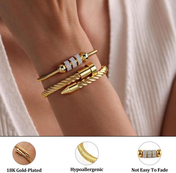 2PCS   Gold Plated Nail Bangle & Chain Bracelet Set for Women, Adjustable Stackable Bangle Jewelry, Dainty Gold Bracelet Gift for Women