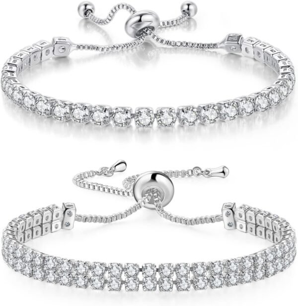 Tennis Bracelets for Women White Gold Plated Diamond AAA+ Cubic Zirconia CZ Dainty Classic Adjustable Slider Bracelet Silver Fashion Jewelry Wedding Gift