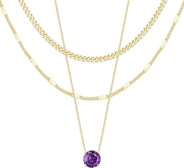 Layered Gold Necklaces for Women,  Gold Sterling Silver Plated Dainty Pendant Necklace Set with Cubic Zirconia Circle, Chunky Stackable Cuban Chain Choker, Trendy Personalized Birthstone Jewelry Gift Non Tarnish
