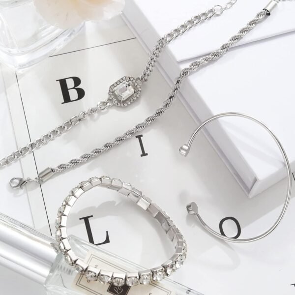 4 Pcs Dainty Gold Silver Bracelets Set for Women  Plated Link Cubic Zirconia Paperclip Stake Layering Chain Adjustable Trendy Hand Jewelry