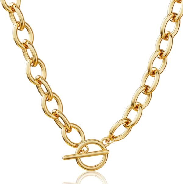 Gold Plated Chunky Necklace for Women, Trendy Paperclip Chain Necklace Thick Cross Heart Pendant Necklace Layered Herringbone Cuban Link Chain Toggle Necklaces Non Tarnish Jewelry