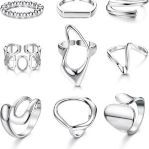 71t6GYaQmKL._AC_SL1500 9 Pcs Gold Plated Chunky Rings for Women Gold Plated Ring Set Dome Thick Open Rings Adjustable