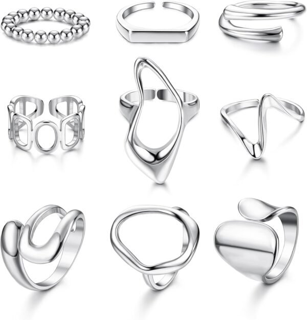 9 Pcs Gold Plated Chunky Rings for Women   Gold Plated Ring Set Dome Thick Open Rings Adjustable