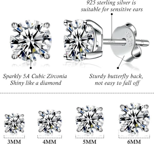 925 Sterling Silver Stud earrings Set | White Gold Plated Hypoallergenic Stud Earrings | Cubic Zirconia Stud Earrings for Women (2mm,3mm,4mm,5mm,6mm,7mm) 8 CZ colors options