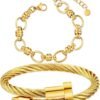 2PCS   Gold Plated Nail Bangle & Chain Bracelet Set for Women, Adjustable Stackable Bangle Jewelry, Dainty Gold Bracelet Gift for Women
