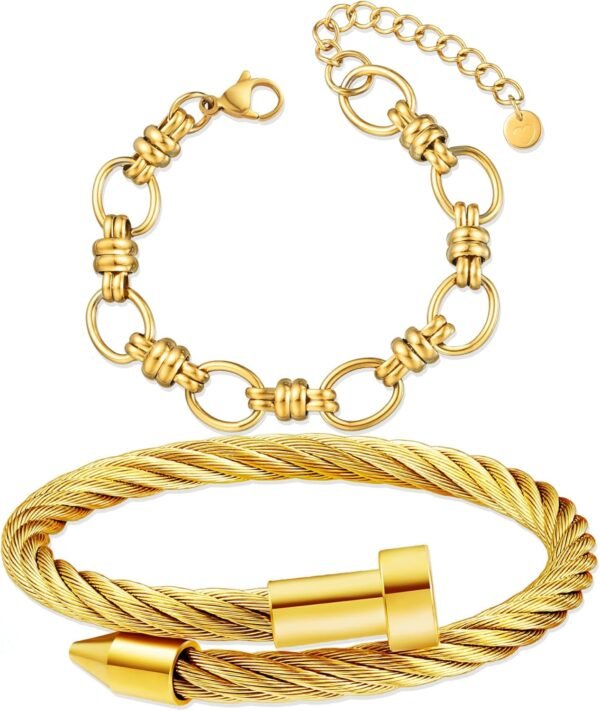 2PCS   Gold Plated Nail Bangle & Chain Bracelet Set for Women, Adjustable Stackable Bangle Jewelry, Dainty Gold Bracelet Gift for Women