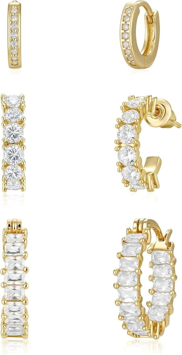 Gold Hoop Earrings Set for Women Trendy,  Gold Plated Chunky Hypoallergenic Small Diamond Cartilage Hoops Cute Cubic Zirconia Dangle Stud Earrings Jewelry Gifts