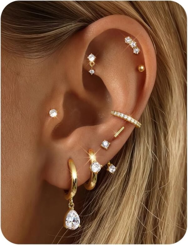 Hypoallergenic Stud Hoop Silver  Gold Plated Earrings Stacks - 9 Pairs Surgical Stainless Steel Earring Set for Sensitive Ears - Small Ear Piercing Flat Back Cartilage Earrings for Women Trendy Gifts