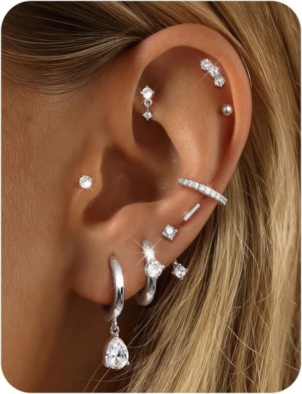 Hypoallergenic Stud Hoop Silver  Gold Plated Earrings Stacks - 9 Pairs Surgical Stainless Steel Earring Set for Sensitive Ears - Small Ear Piercing Flat Back Cartilage Earrings for Women Trendy Gifts