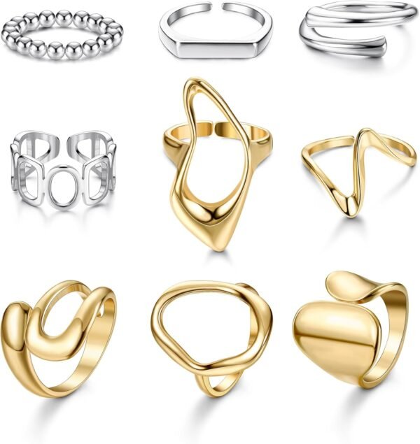 9 Pcs Gold Plated Chunky Rings for Women   Gold Plated Ring Set Dome Thick Open Rings Adjustable
