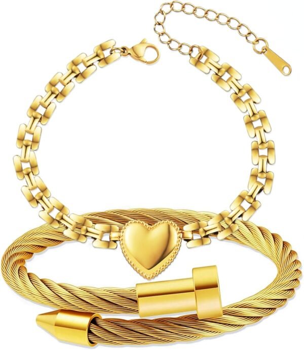 2PCS   Gold Plated Nail Bangle & Chain Bracelet Set for Women, Adjustable Stackable Bangle Jewelry, Dainty Gold Bracelet Gift for Women