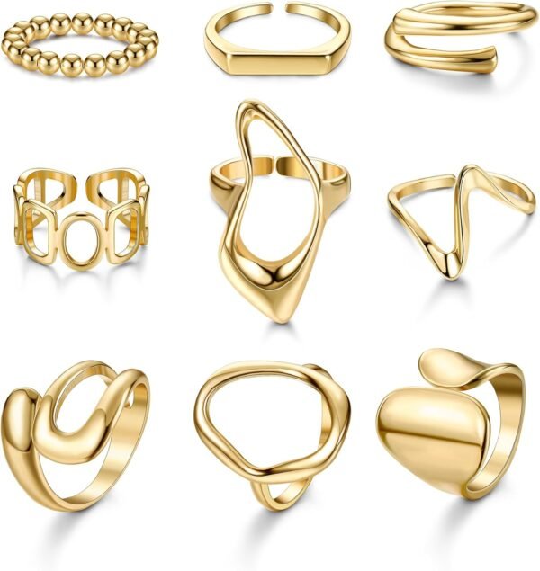 9 Pcs Gold Plated Chunky Rings for Women   Gold Plated Ring Set Dome Thick Open Rings Adjustable