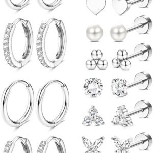 Hypoallergenic  Gold Plated Stud Hoop Earrings for Women Men Surgical Stainless Steel Flat Back Earrings Small Huggie Hoops Cartilage Earring Set for Multiple Piercing Jewelry Gift for Women