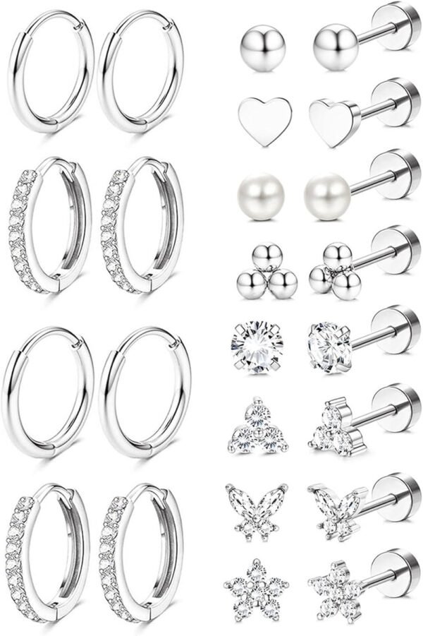 Hypoallergenic  Gold Plated Stud Hoop Earrings for Women Men Surgical Stainless Steel Flat Back Earrings Small Huggie Hoops Cartilage Earring Set for Multiple Piercing Jewelry Gift for Women