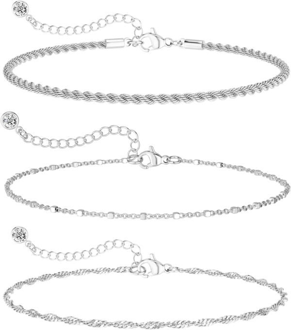 Dainty Silver Plated Bracelets for Women Trendy, Silver Jewelry Set for Women Bracelets for Women Paperclip Box Herringbone Figaro Rope Chain Bracelet Fashion Pack Gifts for Women