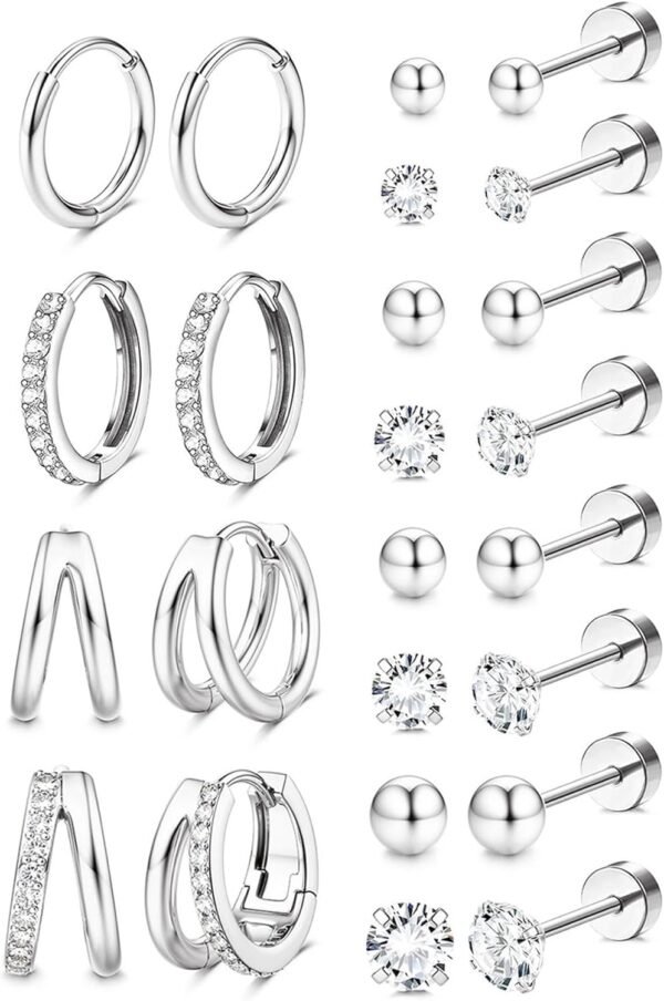 Hypoallergenic  Gold Plated Stud Hoop Earrings for Women Men Surgical Stainless Steel Flat Back Earrings Small Huggie Hoops Cartilage Earring Set for Multiple Piercing Jewelry Gift for Women