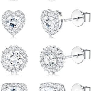 4 Pairs Sterling Silver CZ Stud Earrings for Women Gold Plated Brilliant Celtic Heart Big Stud Earrings Set Cubic Zirconia Earrings Studs for Sensitive Ear