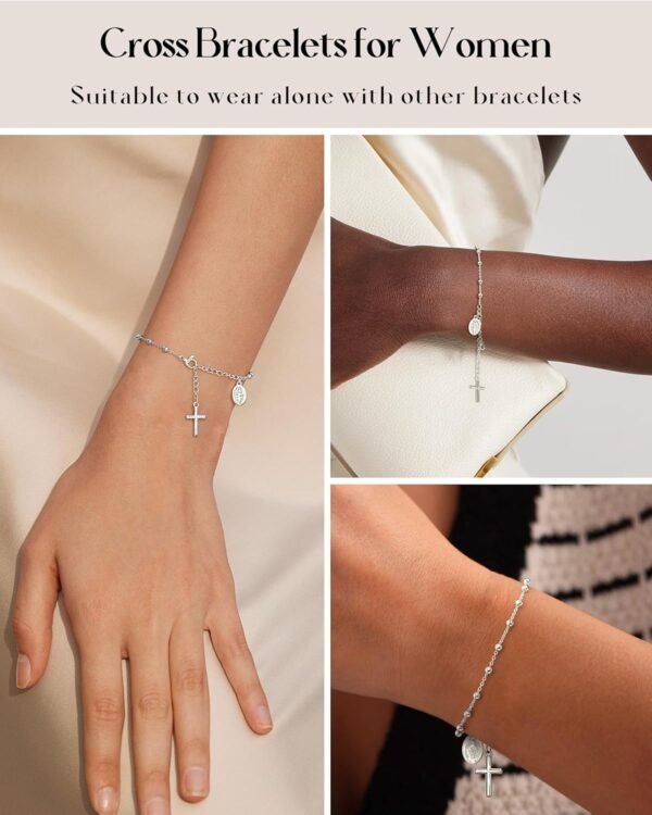 Silver Plated Bracelets for Women Non Tarnish,Silver Cross Bracelets for Wome,Womens Silver Plated Bracelet Waterproof Cross Bead Charm Link Chain Bracelet Jewelry Gifts for Womens Trendy