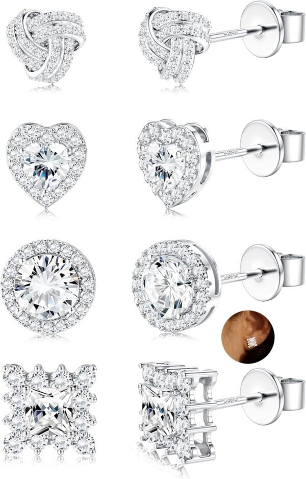 4 Pairs Sterling Silver CZ Stud Earrings for Women Gold Plated Brilliant Celtic Heart Big Stud Earrings Set Cubic Zirconia Earrings Studs for Sensitive Ear