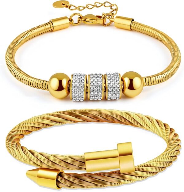 2PCS   Gold Plated Nail Bangle & Chain Bracelet Set for Women, Adjustable Stackable Bangle Jewelry, Dainty Gold Bracelet Gift for Women