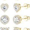 4 Pairs Sterling Silver CZ Stud Earrings for Women Gold Plated Brilliant Celtic Heart Big Stud Earrings Set Cubic Zirconia Earrings Studs for Sensitive Ear