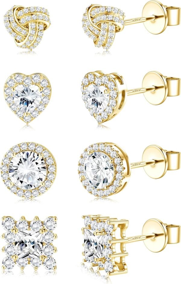 4 Pairs Sterling Silver CZ Stud Earrings for Women Gold Plated Brilliant Celtic Heart Big Stud Earrings Set Cubic Zirconia Earrings Studs for Sensitive Ear