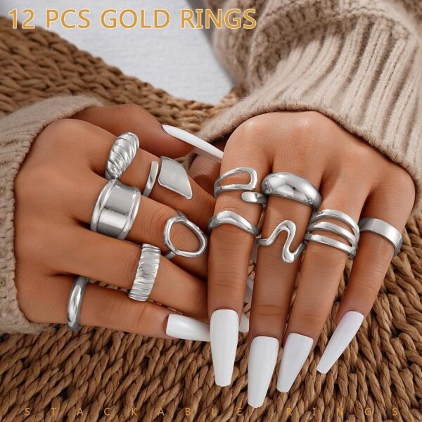Chunky Gold Stackable Rings for Women Non Tarnish,   Gold-Plated Statement Open Stacking Rings, Knuckle Band Ring Set