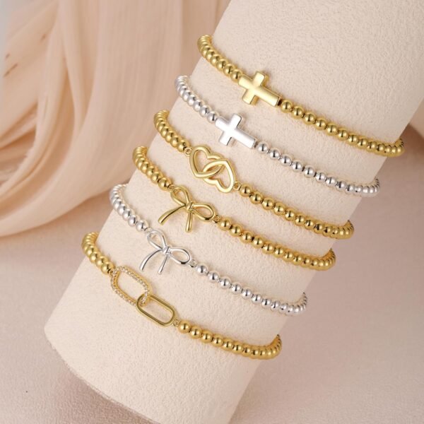 Gold Bracelets for Women, Cute  Gold/Silver Plated Stretch Beaded Bracelets for Women Trendy Stackable Charm Bracelet Dainty Adjustable Waterproof Non Tarnish Jewelry Gifts for Her