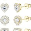 4 Pairs Sterling Silver CZ Stud Earrings for Women Gold Plated Brilliant Celtic Heart Big Stud Earrings Set Cubic Zirconia Earrings Studs for Sensitive Ear