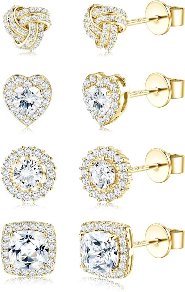 4 Pairs Sterling Silver CZ Stud Earrings for Women Gold Plated Brilliant Celtic Heart Big Stud Earrings Set Cubic Zirconia Earrings Studs for Sensitive Ear