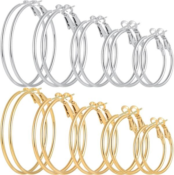 4/10 Pairs Stainless Steel Gold Silver Plated Hoop Earrings Hypoallergenic Dainty Big Small Hoops Earrings Set for Women