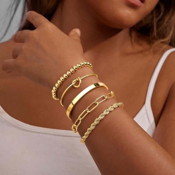 Gold Bracelets Set for Women Non Tarnish,  Gold Plated Sterling Silver Chunky Cuff Bracelet Stackable Gold Bangles Bracelet for Women Trendy Fashion Accessories Tie Knot Cuban Rope Paperclip Beaded Bracelet Stack Jewelry Valentines Day Gifts