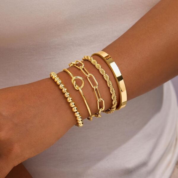 Gold Bracelets Set for Women Non Tarnish,  Gold Plated Sterling Silver Chunky Cuff Bracelet Stackable Gold Bangles Bracelet for Women Trendy Fashion Accessories Tie Knot Cuban Rope Paperclip Beaded Bracelet Stack Jewelry Valentines Day Gifts