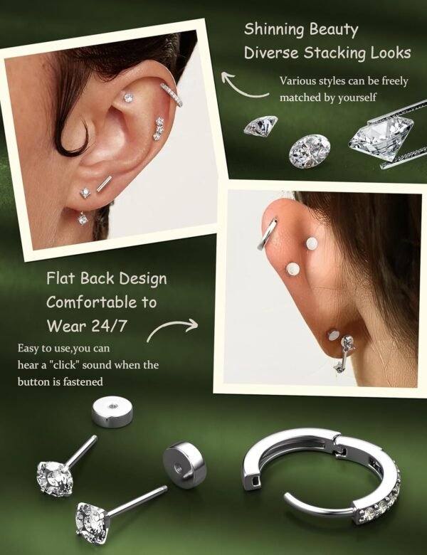 Hypoallergenic Stud Hoop Silver  Gold Plated Earrings Stacks - 9 Pairs Surgical Stainless Steel Earring Set for Sensitive Ears - Small Ear Piercing Flat Back Cartilage Earrings for Women Trendy Gifts