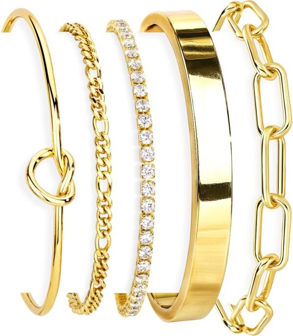 Gold Bracelets Set for Women Non Tarnish,  Gold Plated Sterling Silver Chunky Cuff Bracelet Stackable Gold Bangles Bracelet for Women Trendy Fashion Accessories Tie Knot Cuban Rope Paperclip Beaded Bracelet Stack Jewelry Valentines Day Gifts