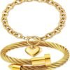 2PCS   Gold Plated Nail Bangle & Chain Bracelet Set for Women, Adjustable Stackable Bangle Jewelry, Dainty Gold Bracelet Gift for Women
