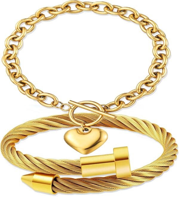 2PCS   Gold Plated Nail Bangle & Chain Bracelet Set for Women, Adjustable Stackable Bangle Jewelry, Dainty Gold Bracelet Gift for Women