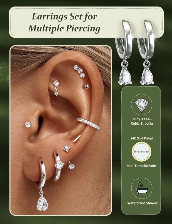 Hypoallergenic Stud Hoop Silver  Gold Plated Earrings Stacks - 9 Pairs Surgical Stainless Steel Earring Set for Sensitive Ears - Small Ear Piercing Flat Back Cartilage Earrings for Women Trendy Gifts