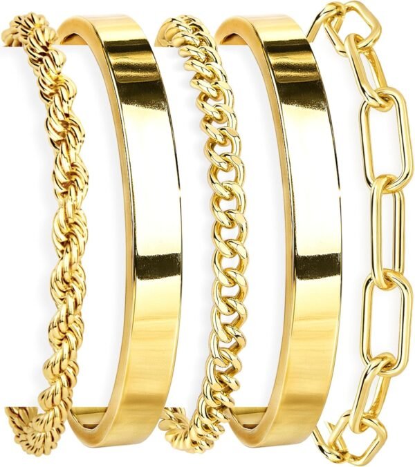 Gold Bracelets Set for Women Non Tarnish,  Gold Plated Sterling Silver Chunky Cuff Bracelet Stackable Gold Bangles Bracelet for Women Trendy Fashion Accessories Tie Knot Cuban Rope Paperclip Beaded Bracelet Stack Jewelry Valentines Day Gifts