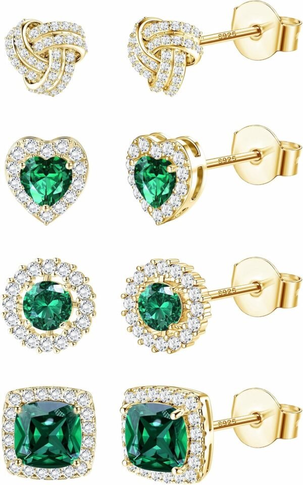 4 Pairs Sterling Silver CZ Stud Earrings for Women Gold Plated Brilliant Celtic Heart Big Stud Earrings Set Cubic Zirconia Earrings Studs for Sensitive Ear