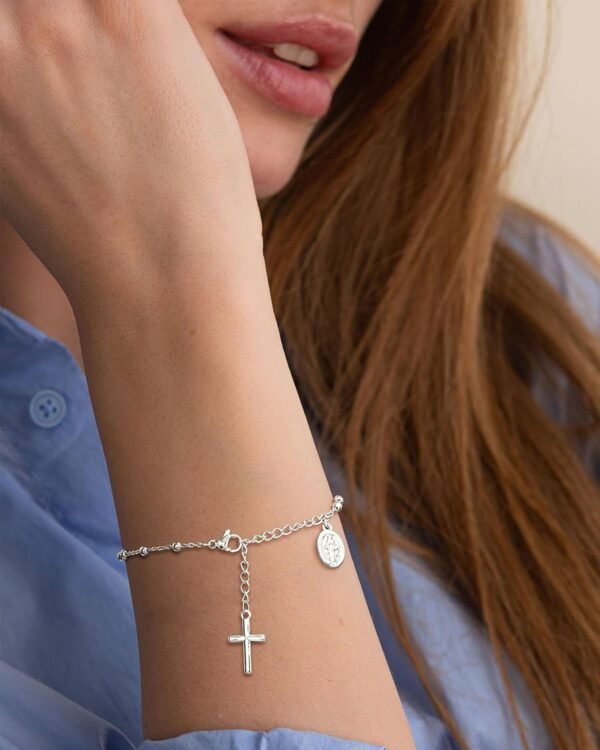 Silver Plated Bracelets for Women Non Tarnish,Silver Cross Bracelets for Wome,Womens Silver Plated Bracelet Waterproof Cross Bead Charm Link Chain Bracelet Jewelry Gifts for Womens Trendy