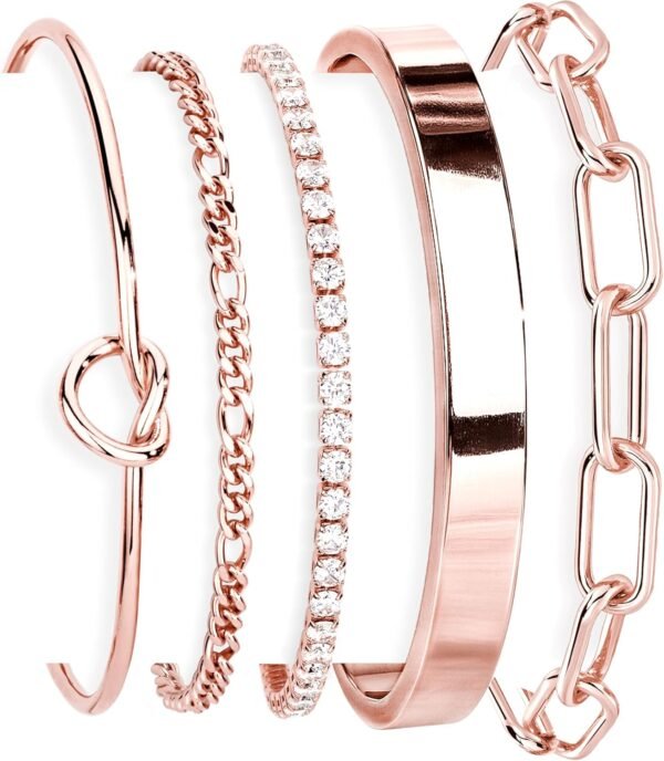 Gold Bracelets Set for Women Non Tarnish,  Gold Plated Sterling Silver Chunky Cuff Bracelet Stackable Gold Bangles Bracelet for Women Trendy Fashion Accessories Tie Knot Cuban Rope Paperclip Beaded Bracelet Stack Jewelry Valentines Day Gifts