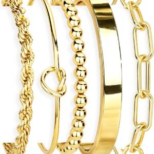 Gold Bracelets Set for Women Non Tarnish,  Gold Plated Sterling Silver Chunky Cuff Bracelet Stackable Gold Bangles Bracelet for Women Trendy Fashion Accessories Tie Knot Cuban Rope Paperclip Beaded Bracelet Stack Jewelry Valentines Day Gifts