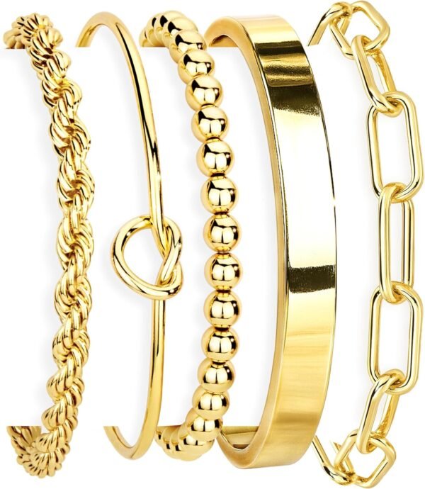 Gold Bracelets Set for Women Non Tarnish,  Gold Plated Sterling Silver Chunky Cuff Bracelet Stackable Gold Bangles Bracelet for Women Trendy Fashion Accessories Tie Knot Cuban Rope Paperclip Beaded Bracelet Stack Jewelry Valentines Day Gifts