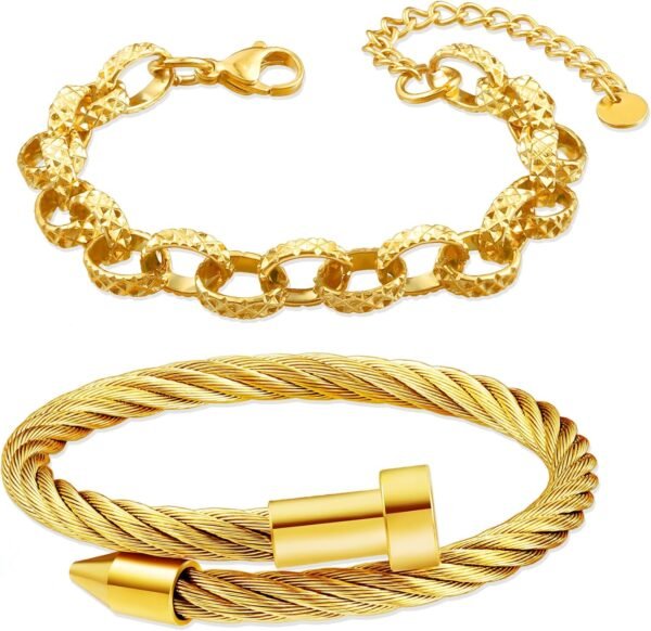 2PCS   Gold Plated Nail Bangle & Chain Bracelet Set for Women, Adjustable Stackable Bangle Jewelry, Dainty Gold Bracelet Gift for Women