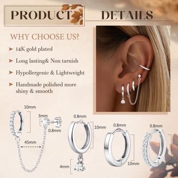 4 Pairs Small Hoop Earrings for Women Trendy  Gold Plated Chain Drop Earrings Set Hypoallergenic CZ Huggie Hoops Lightweight Cartilage Earring Stacks Women's Jewelry Gifts